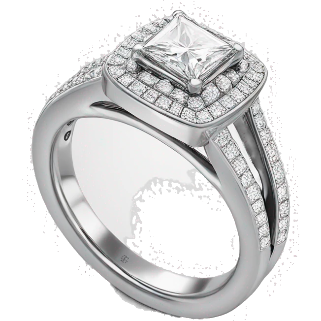 White gold engagement ring princess cut halo with double band and hundreds of diamonds in the band  emoji