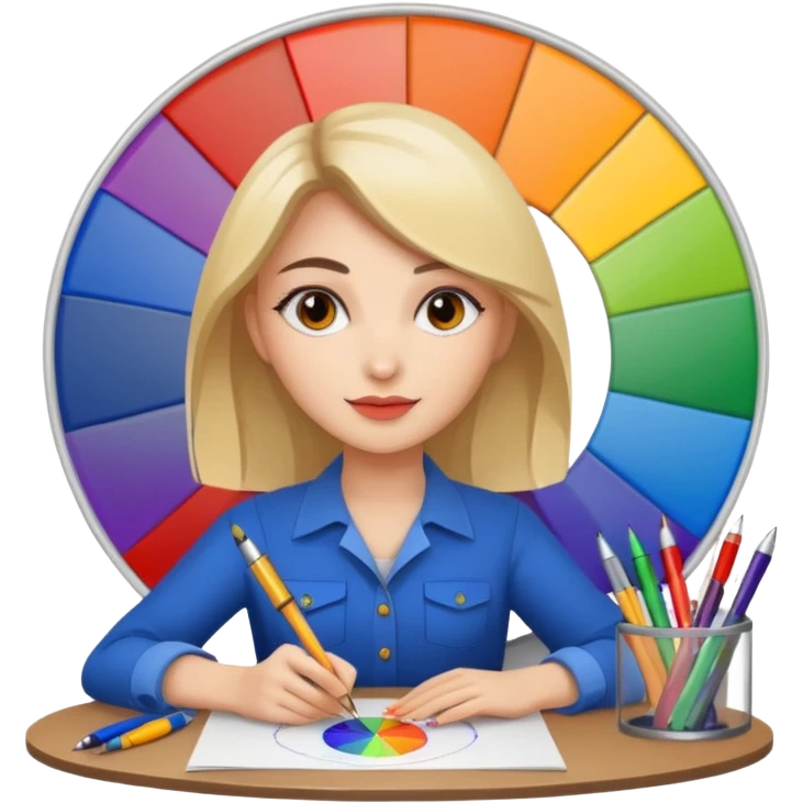 female graphic designer , color wheel, pens, papers emoji