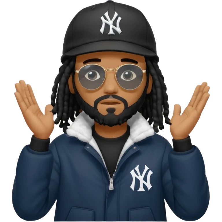 African American man with shoulder length black dreadlocks with black beard wearing black sunglasses with black bubble winter coat wearing a New York Yankees baseball hat with his hands on top of head in thinking position emoji