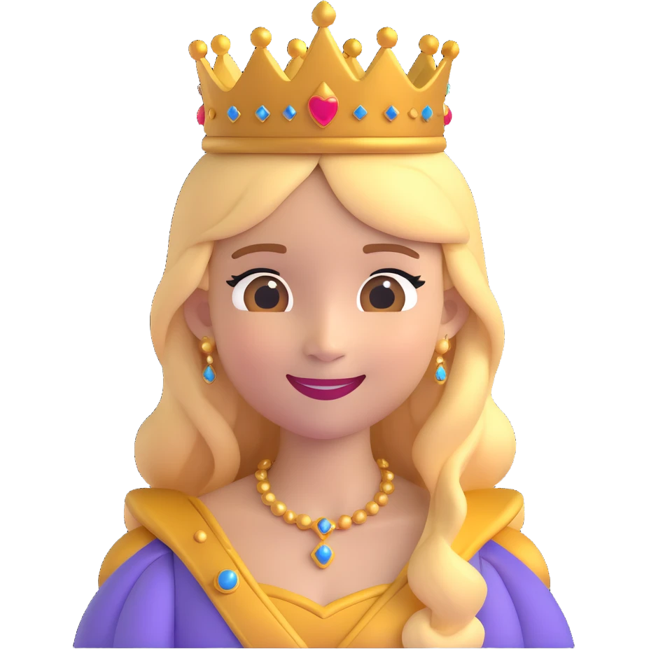 A cartoon-style princess emoji with long hair, wearing a golden crown, smiling softly, and dressed in a royal gown emoji