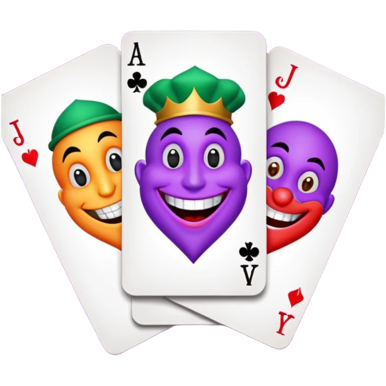 3 poker cards, with crazy colorful human jolly jokers inside emoji