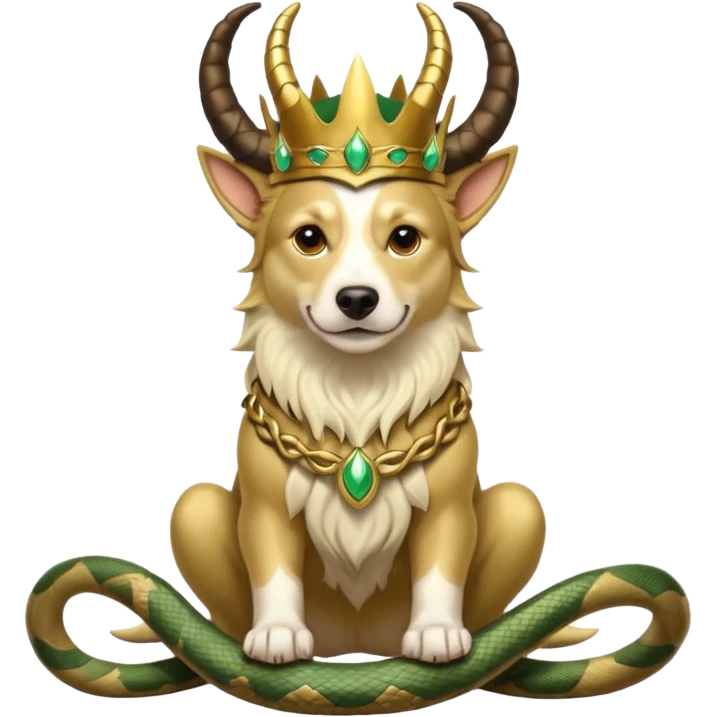 loki god of mischief as a dog. he as snakes. he wears a horned crown as the god himself.  dynamic pose emoji
