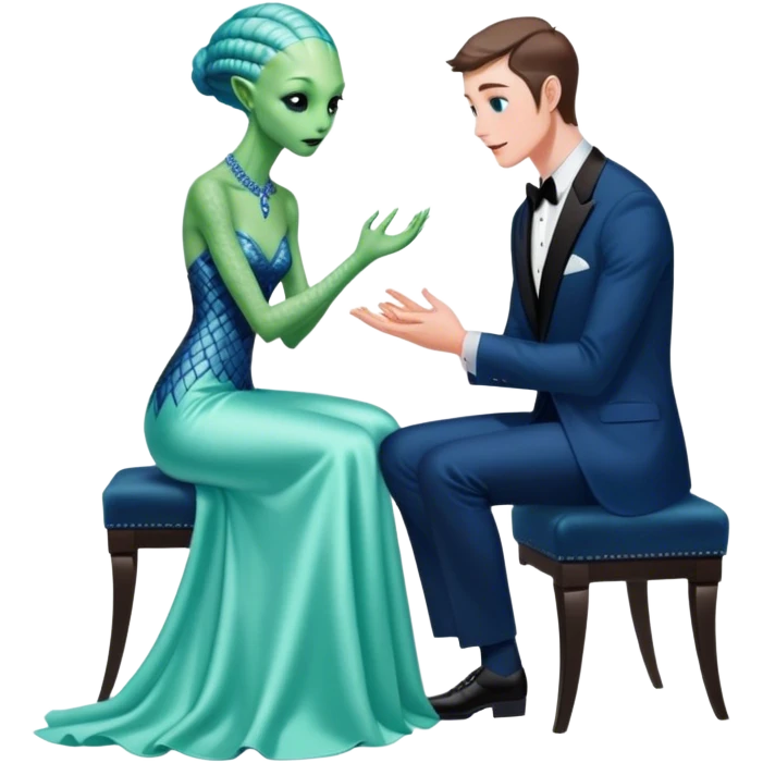 alien reptilian green skin woman, in long slim pastel blue formal party satin dress with gradient shiny sparkling navy blue diamonds embroidered , and caucasian man in black dres on his knees asks her to marry her emoji