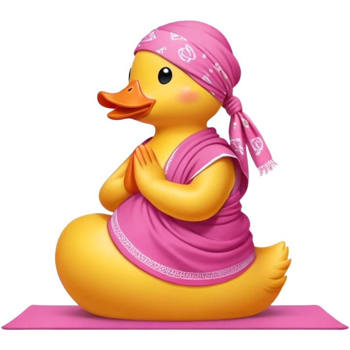 side view of yellow rubber duck with a pink bandana doing yoga while praying emoji