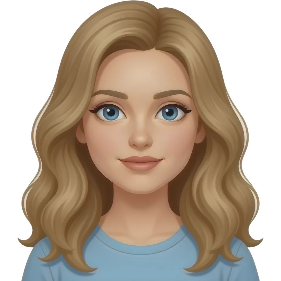woman, blue eyes, late twenties, mousey blonde hair, long length wavy hair, emoji