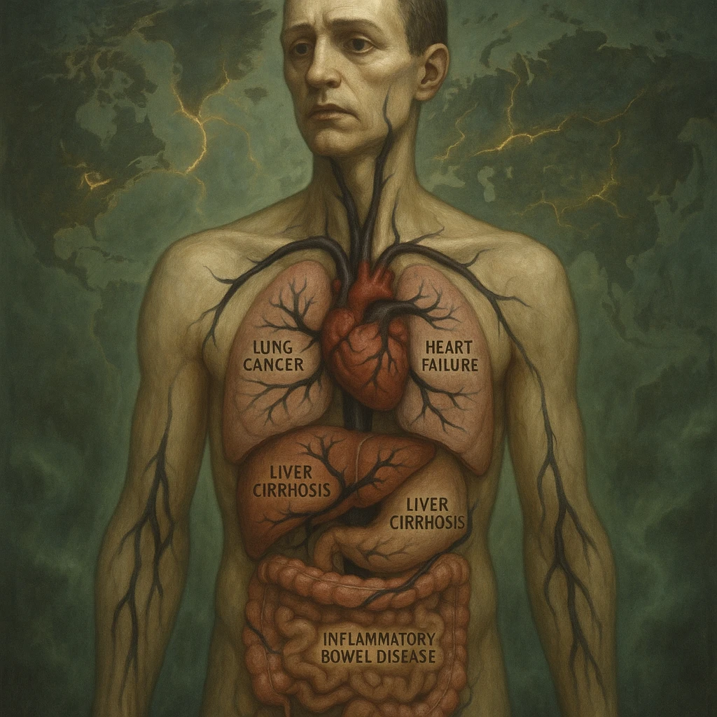 semi-realistic, allegorical style human figure with visible organs, black parasites branch to organs, each organ labeled with a disease name in small text, world map, glowing fissures, green mist emoji