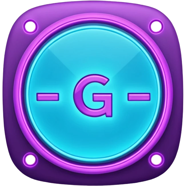 futuristic minimalistic emoji icon, letters "G" formed by three glowing digital lines representing Storm, Atom and NoizeGames, neon purple (#8B5CF6) and cyan (#00E0FF) on dark background, modern tech style, 1:1 aspect ratio emoji