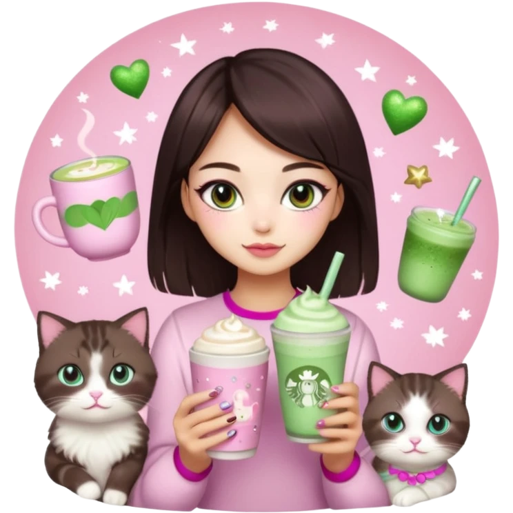 asian girl with shoart dark brown hair with a soft girl pink glowup aesthetic. matcha latte sparkles girly things, 2 ragdoll cats, skincare, makeup, money, luxury emoji