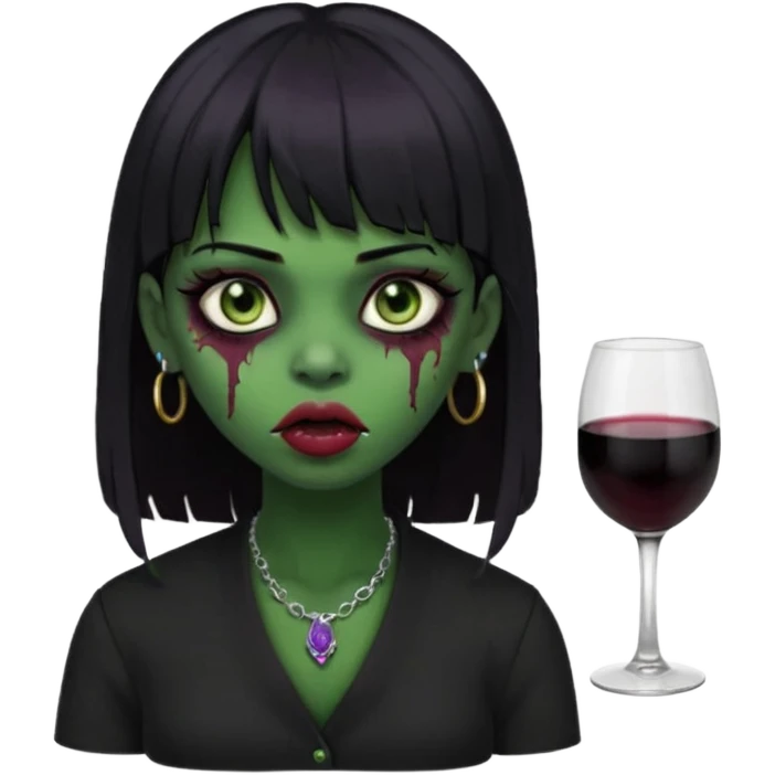 uma garota ZUMBI (cor de pele verde), com piercing na boca e no nariz, com olhos vinhos, cabelos pretos e com franja, e roupa preta emoji
