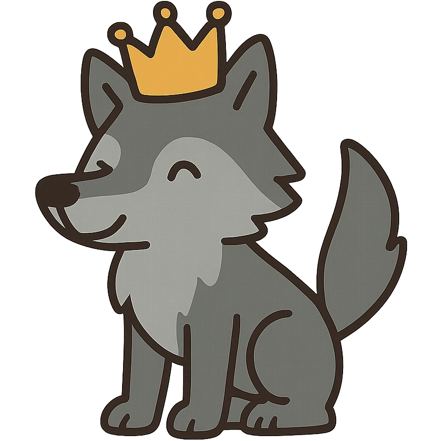 flat toon style wolf with a crown emoji