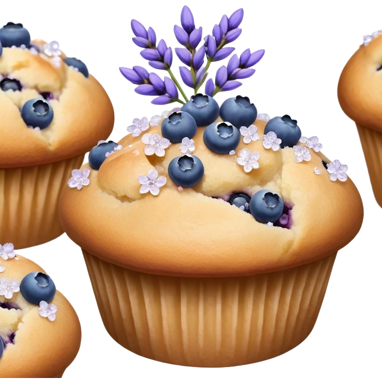 Lavender flower sprigs on a muffin with blueberries and sugar crystals without frosting  emoji