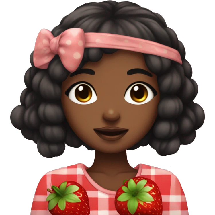 Anime-Style Eyes. African Lady. Kawaii. Cottagecore. Brown Skin. Black hair. Hold a giant strawberry emoji