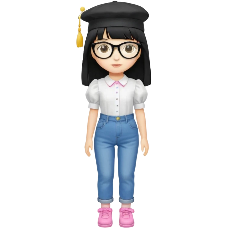 A yellow-skinned girl with long straight black hair, flat bangs, black frame glasses, a white puffy sleeve doll shirt, blue jeans and pink shoes, and a black painter's hat，no yellow spikes. emoji
