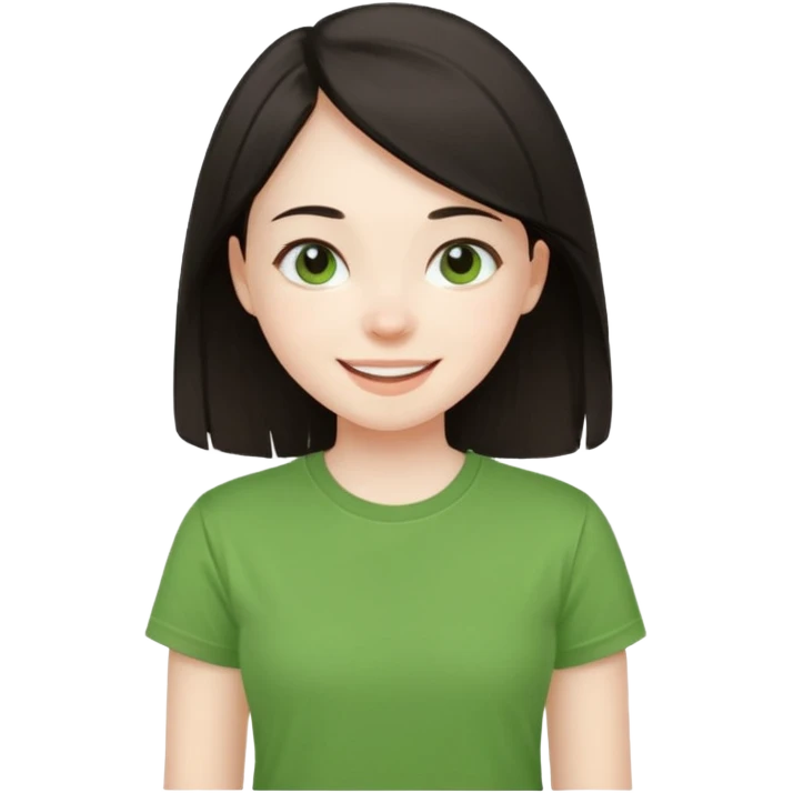 Young girl with straight, dark hair, damaged and unattractive, wearing a green T-shirt, looking happy and cheerful. emoji