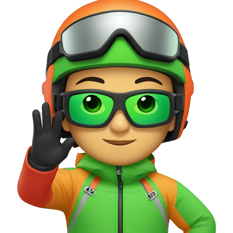 asian boy expert skier with red jacket, orange helmet and ski goggles with green lense emoji