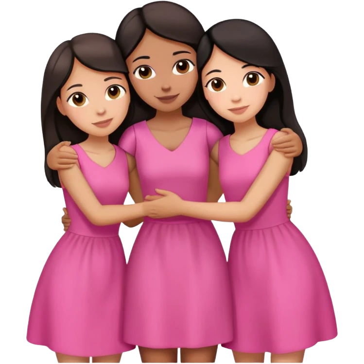 Three sisters hug, one medium light skin with dark brown hair, one tan skin black hair, one tan skin dark brown hair, pink dresses emoji