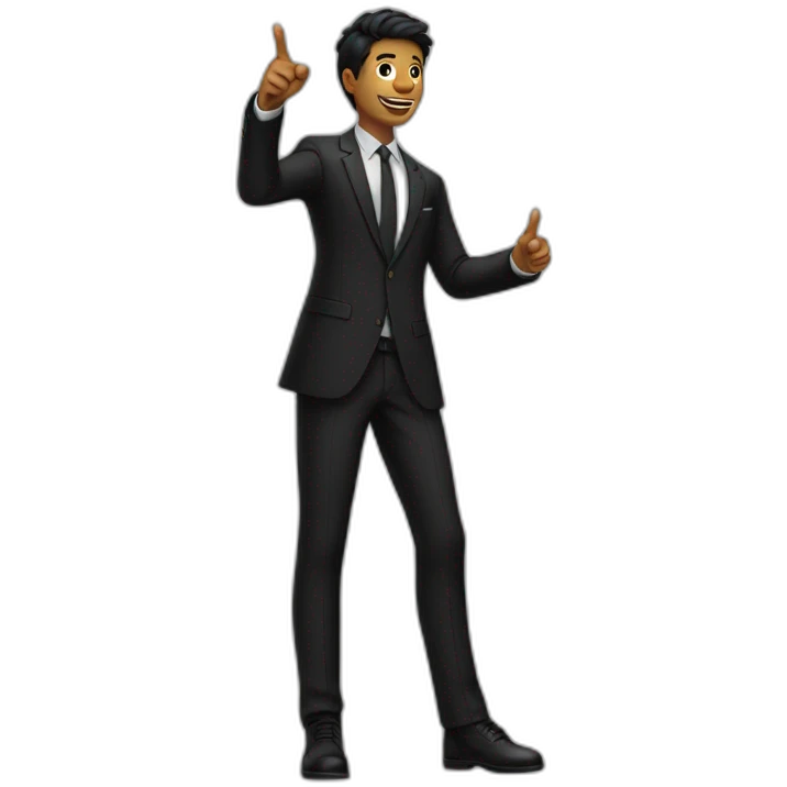 Full length young man in black suit pointing finger up emoji