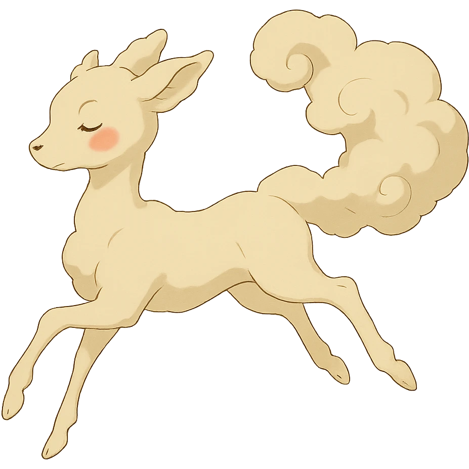vanilla-colored cloud doe, floating with rosy cheeks and witch-like grace, ghibli style emoji