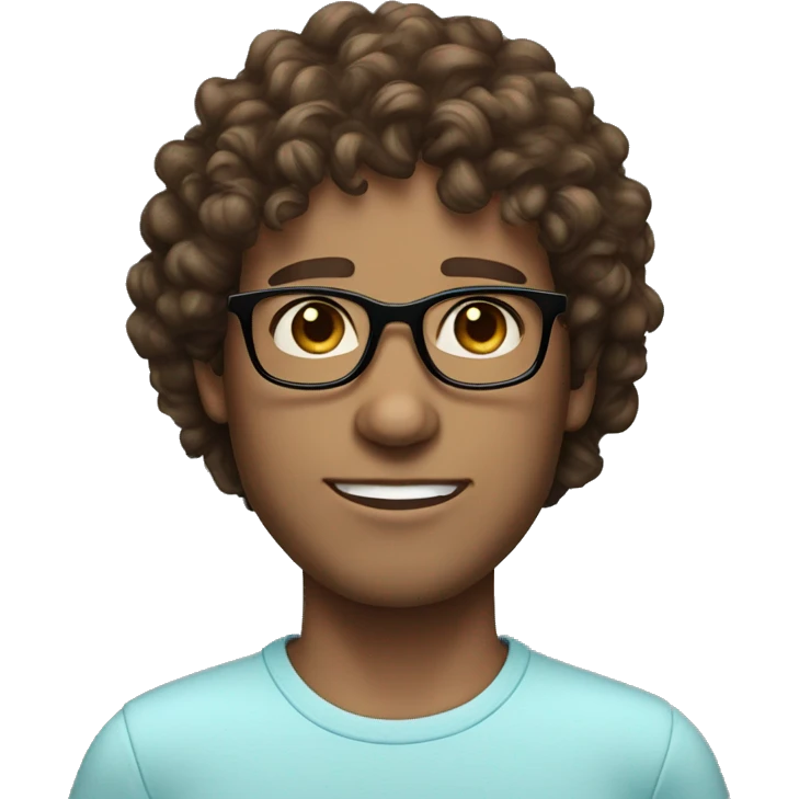 Curly, brown hair male with light blue eyes, round glasses, sharp jawline emoji