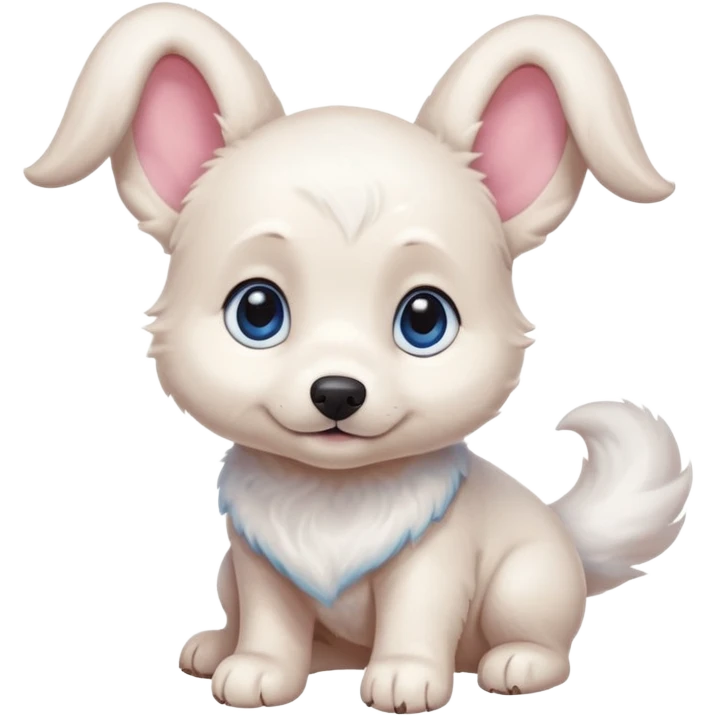 a shy but friendly white puppy with long ears that let him fly, blue eyes, pink cheeks, and a tail shaped like a cinnamon roll emoji