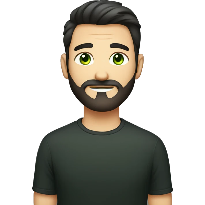 Handsome man with dark hair, gradient short hair on the side, green eyes. Thin face. Black t-shirt. A little beard. An contact emoji has to be next him emoji