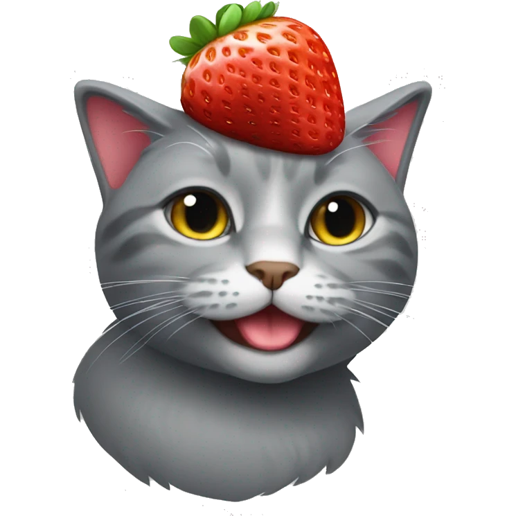 gray cat wearing strawberry as a hat emoji