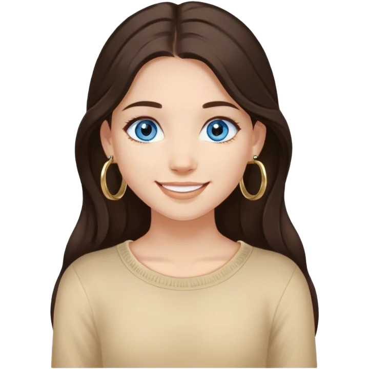 Girl with long dark brown hair and blue eyes with light medium skin and small gold hoops smiling  emoji
