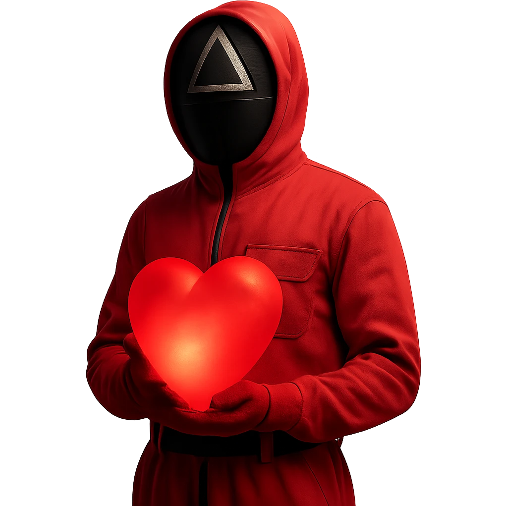 Edit the image of a masked guard from Squid Game series in a pink jumpsuit holding a large glowing red heart that emits a soft light. Keep the original style and minimal background with dramatic lighting. Remove the background entirely. emoji
