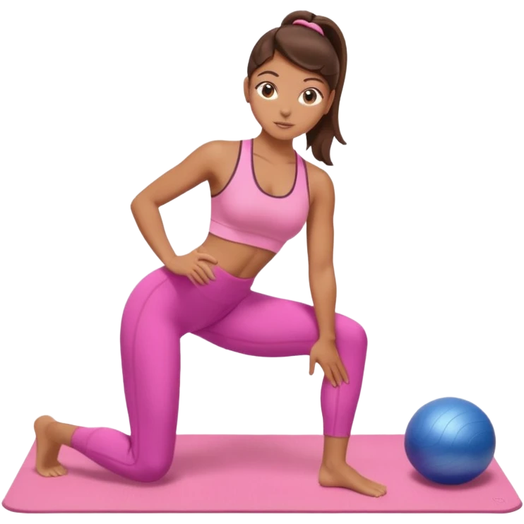 A tanned girl with brunette hair in her 20’s doing Pilates wearing a ALO pink workout set  emoji