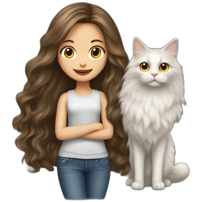 Girl-long-hair-brunette-and-cat-angora emoji
