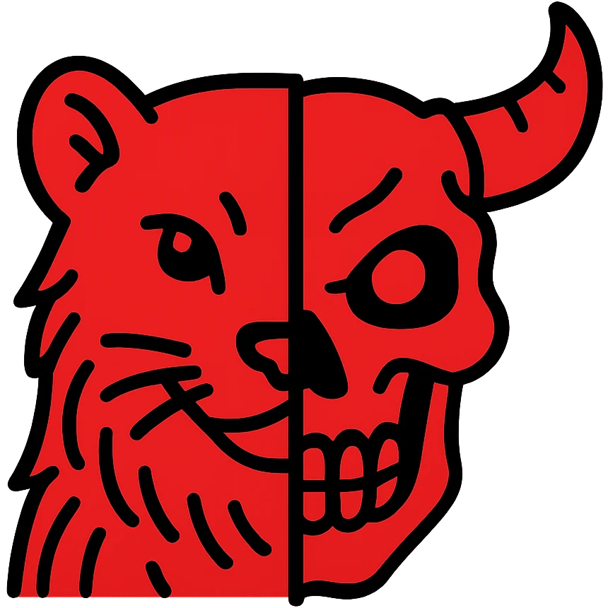 a red icon showing the left half of a stoat face with detailed fur lines merged directly with the right half of a minotaur skull with intricate bone texture, broken horn, and a glowing eye in the eye socket, minimalist design but with high-detail line art, everything in red emoji