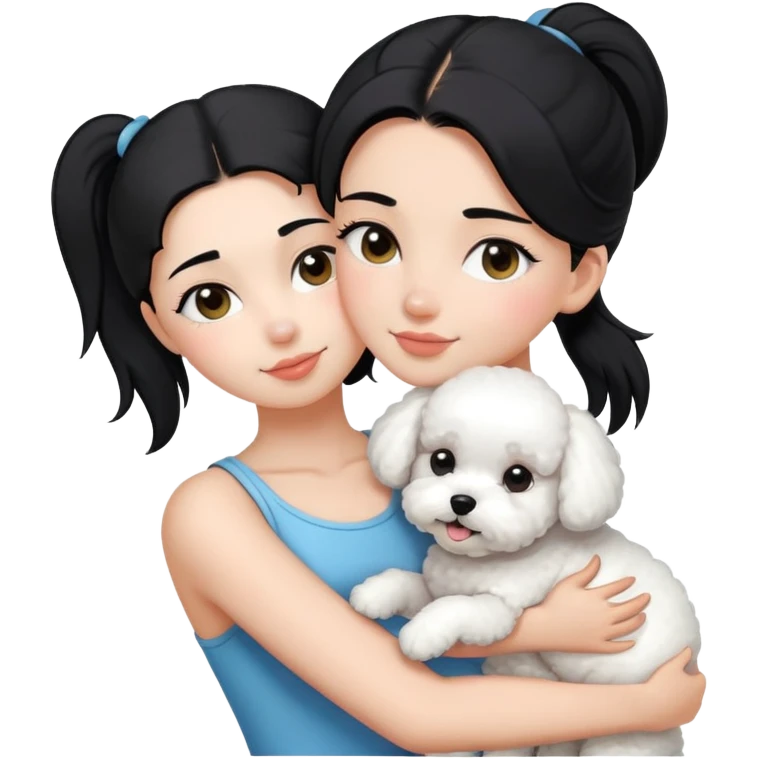 One long face girl with straight black hair in a ponytail，hugging one Bichon frise emoji