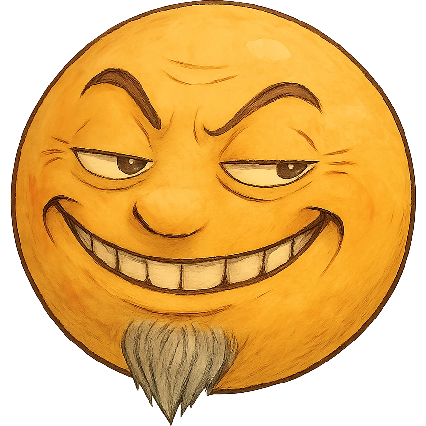 ghibli style smug and greedy yellow emoji with a thin gray beard emoji