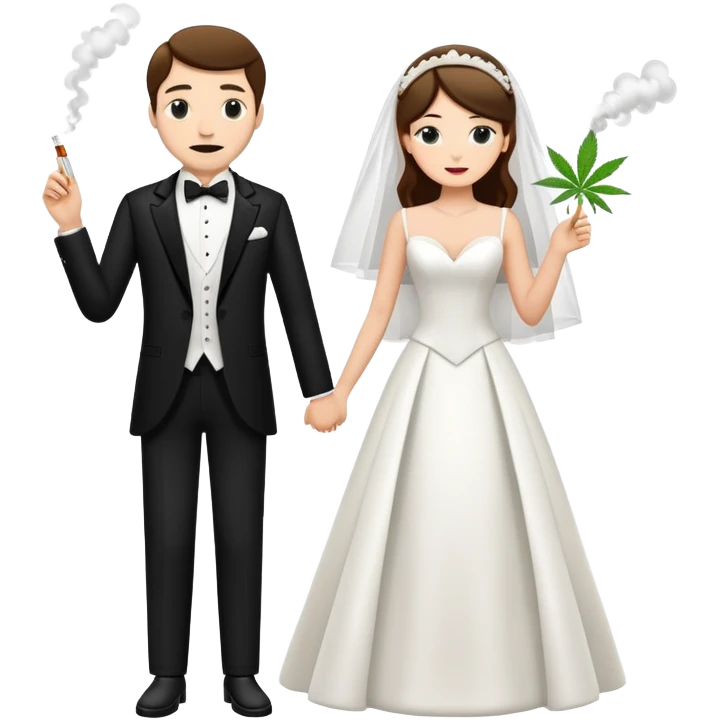 A bride in white wedding dress and groom in tuxedo, full body, smoking cannabis together emoji