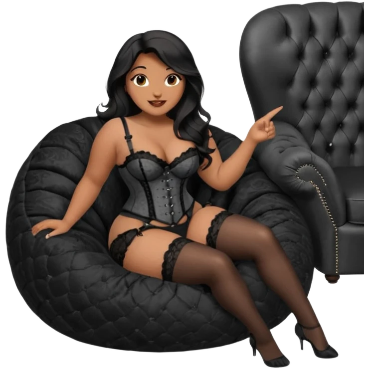 Curvy woman with brown skin with long wavy black hair, dark brown eyes. She's wearing a black lace corset, black lace thong, black stockings and suspender belt, she's sat on a big dark grey bean bag chair with her legs open and feet on the floor. Shes smiling with one hand pointing forward emoji