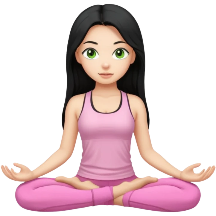 Girl with super long black hair with green eyes doing yoga with light pink clothes emoji