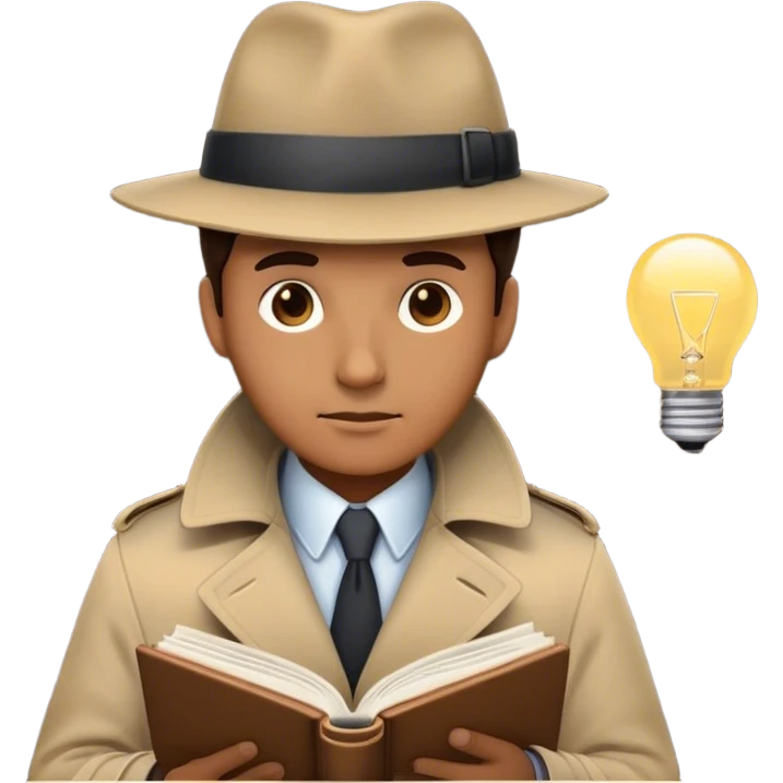 A detective emoji, wearing a classic trench coat and hat, intently reading a person human book a cover of a person. , a glowing lightbulb represents a sudden realization—symbolizing research, curiosity, and critical thinking. The book’s cover subtly features the silhouette of a person  emoji