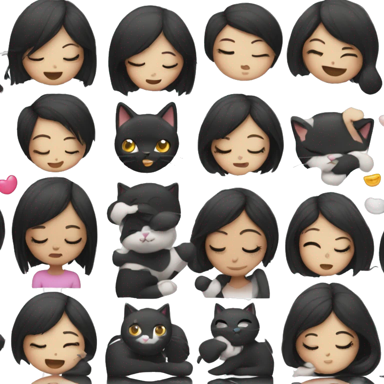 girl with straight black hair cuddling black and white cat with tongue out and closed eyes emoji