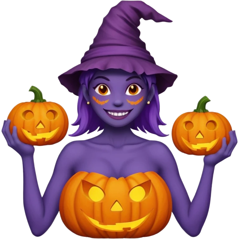 A nude woman with bare chest and wears a carved pumpkin on its head with purple skin emoji