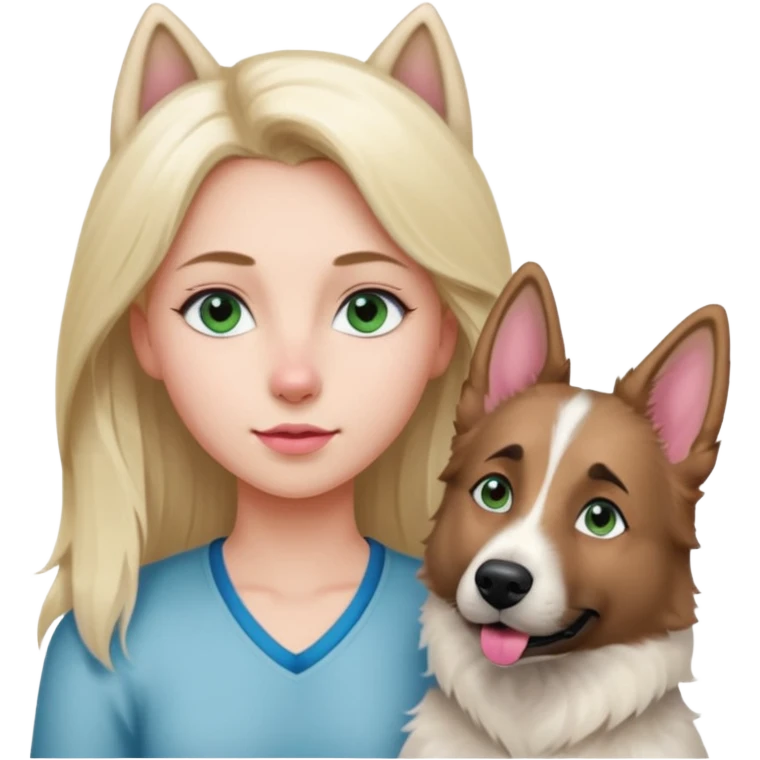 White European young woman with blue-green eyes and long blond hair with her white German Shepherd dog,the Dog hast a pink nose and short fur  and Brown eyes emoji