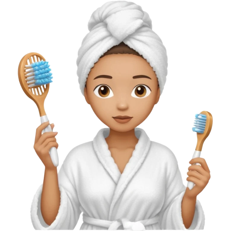 lightskin Women wearing shower robe and their hair with towel holding one brush emoji
