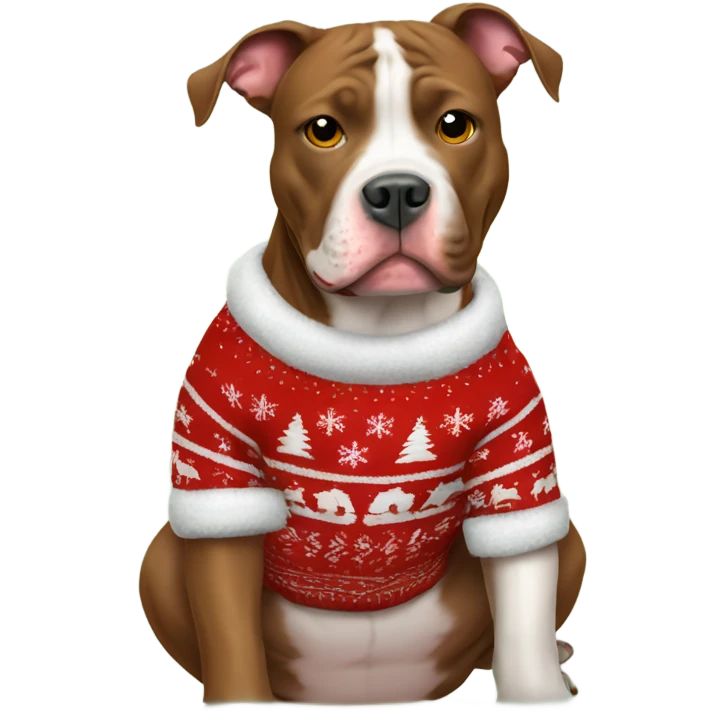 Pitbull type dog sitting down wearing a Christmas sweater emoji