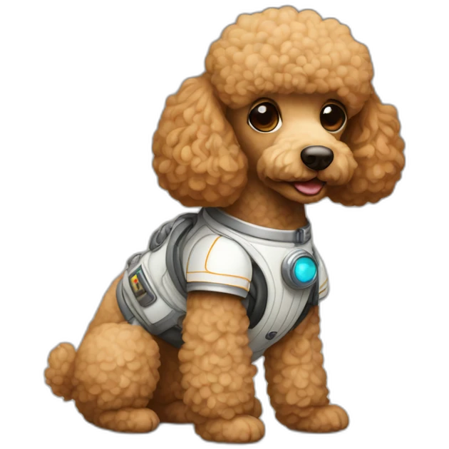 Light brown poodle seated with an spaceman suit emoji