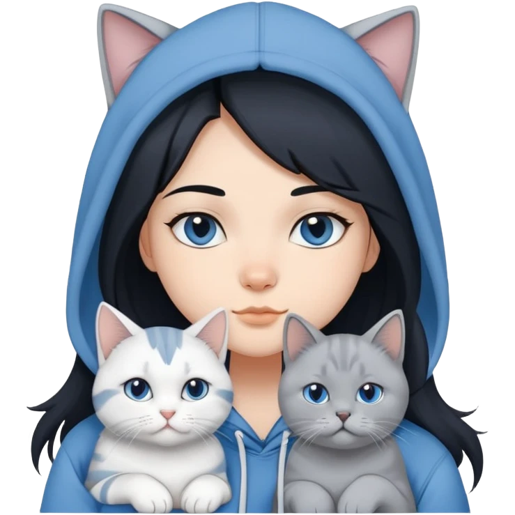 Girl with black hair in gray hoodie with a British shorthair blue and white cat and a long-haired blue and white cat emoji