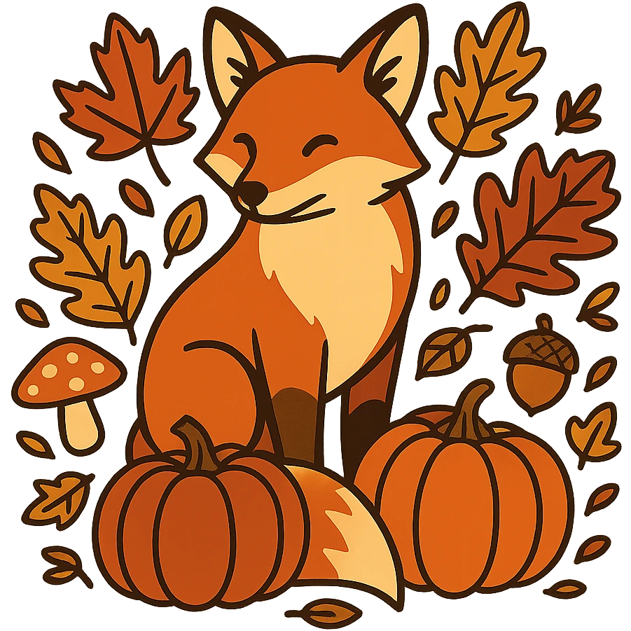 t-shirt design, vector illustration of a fox surrounded by autumn elements (fallen leaves, acorns, mushrooms, pumpkins), warm autumn color palette (orange, red, yellow, brown), clean bold lines, detailed but stylized, centered composition, no background, isolated graphic, modern flat style emoji