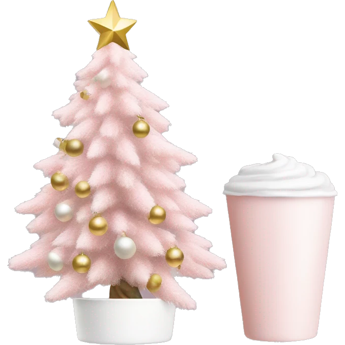baby pink christmas tree with white star and white and gold ornaments with white pot to hold up christmas tree  emoji