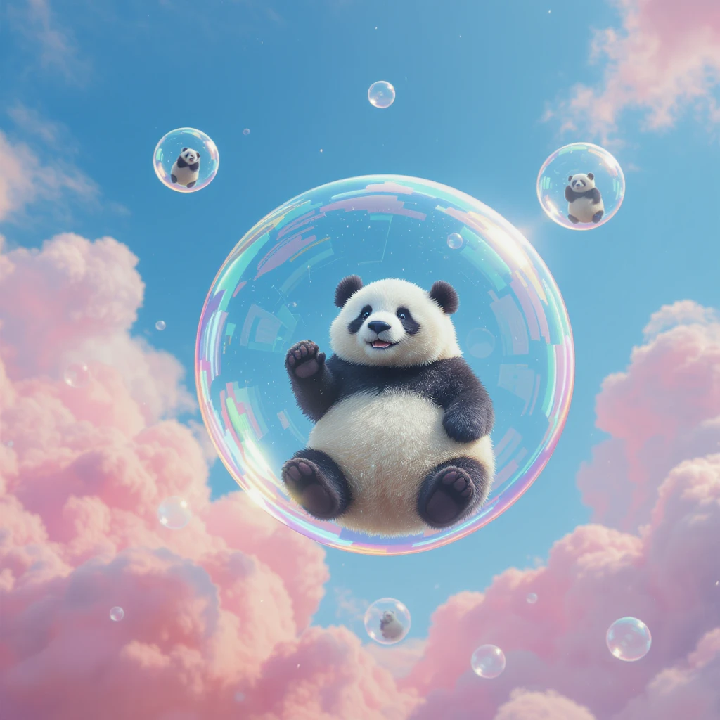 Realistic, Minimalistic Cinematic still of pandas bears sitting inside flying bubbles, blue sky filling background , pink clouds emoji