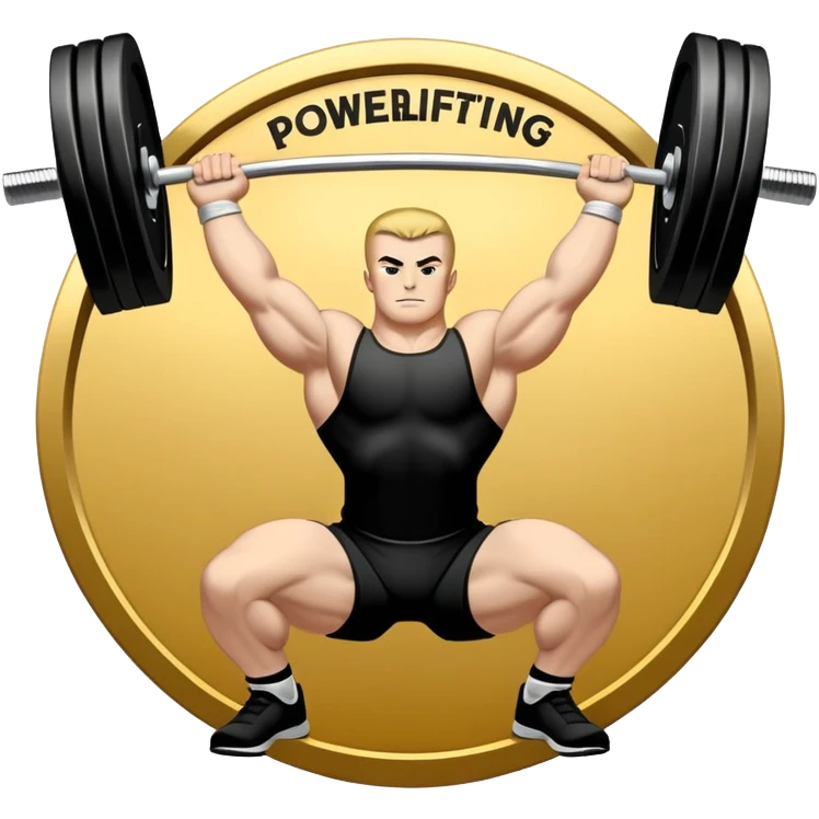 An emblem symbolizing powerlifting, featuring a bold barbell at the center, with strong, muscular arms lifting the barbell. The design is dynamic and powerful, using sharp lines and bold text. The background is minimal, ensuring the focus stays on the emblem. emoji