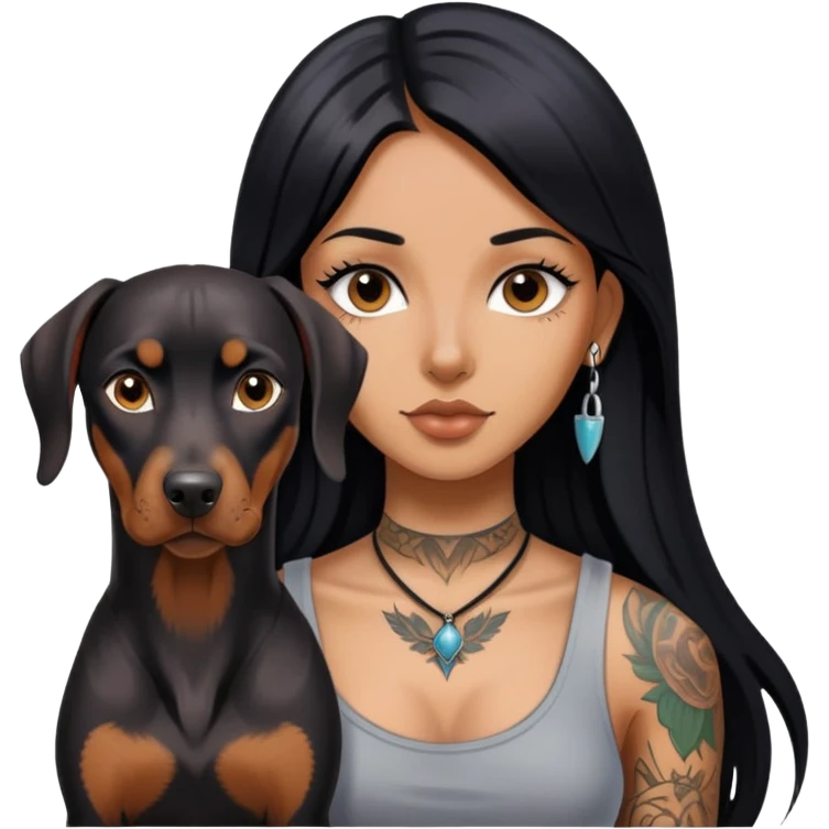 girl with long black  straight hair and tattoos and Doberman Pinscher emoji