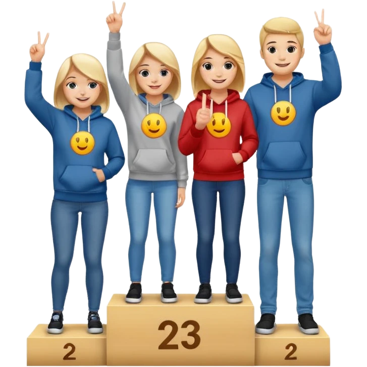 three people in jeans and hoodies on a winners podium labeled 2, 1, 3 left to right, center person on 1 step holding up one finger on each hand, bright cheerful expressive emoji illustration emoji